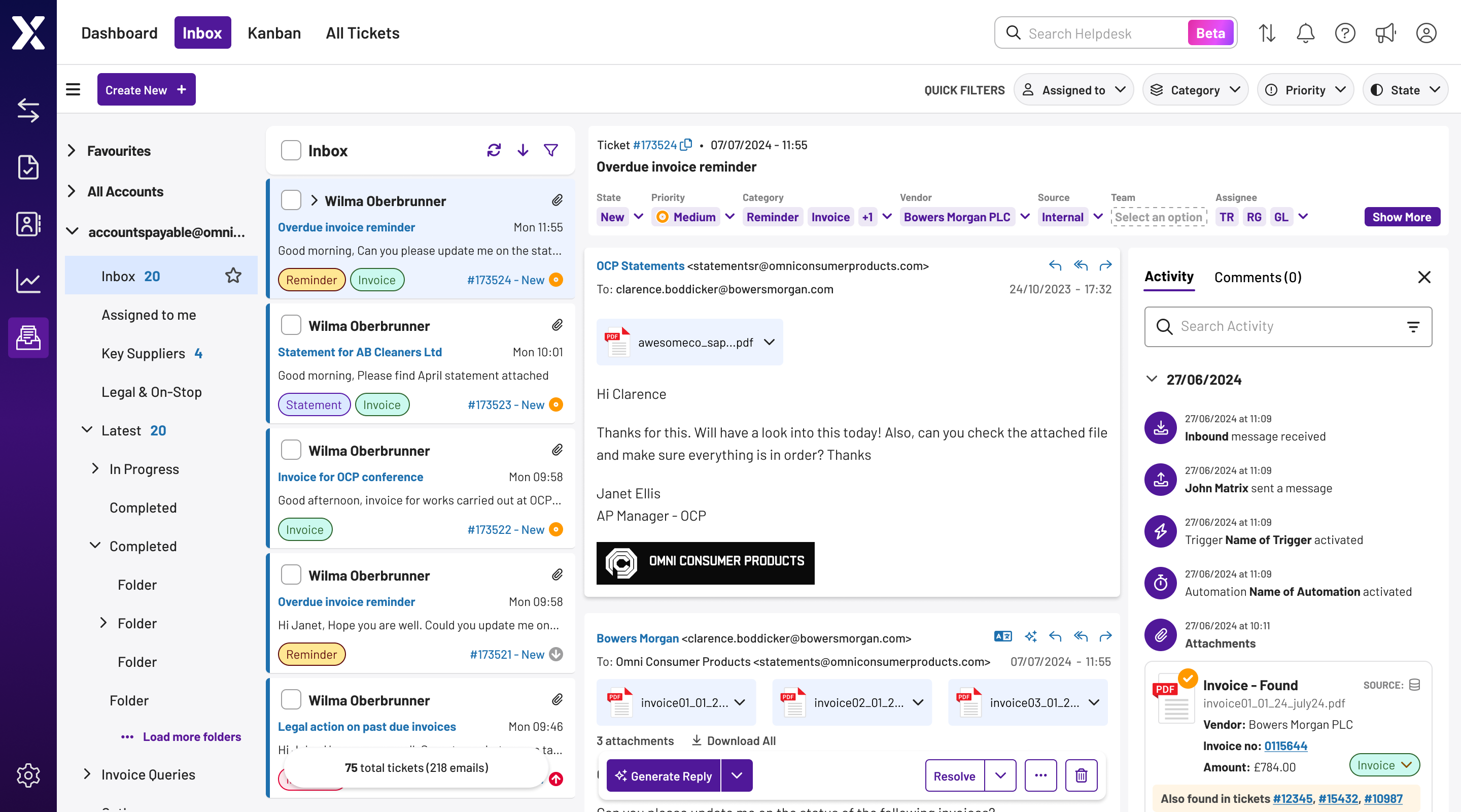 Helpdesk designed as a connected operational layer, converting email threads into trackable tickets with permissions, categories, statuses and assignments