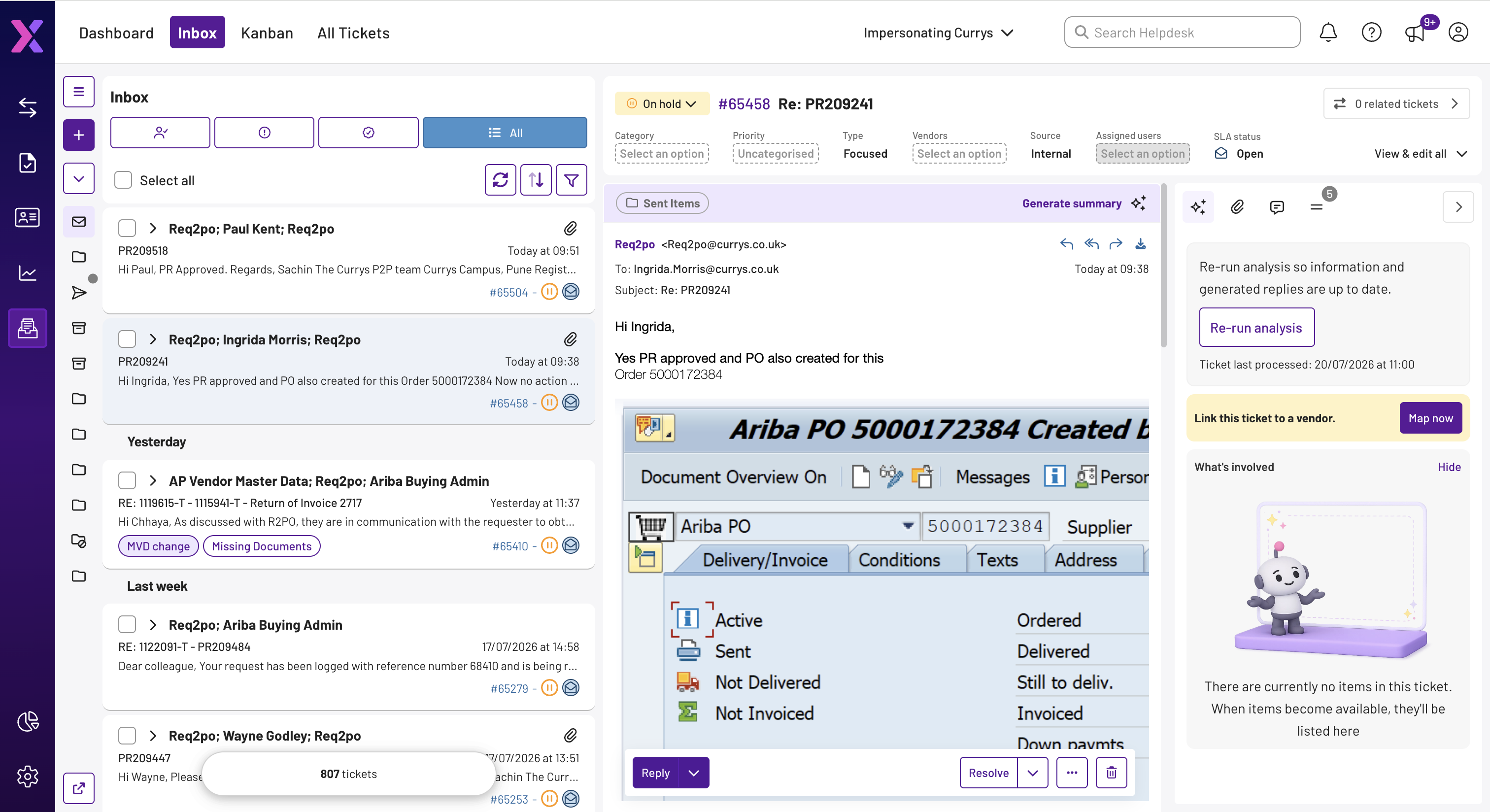 Helpdesk product showing an AI-powered shared mailbox with vendor emails converted into trackable, categorised tickets