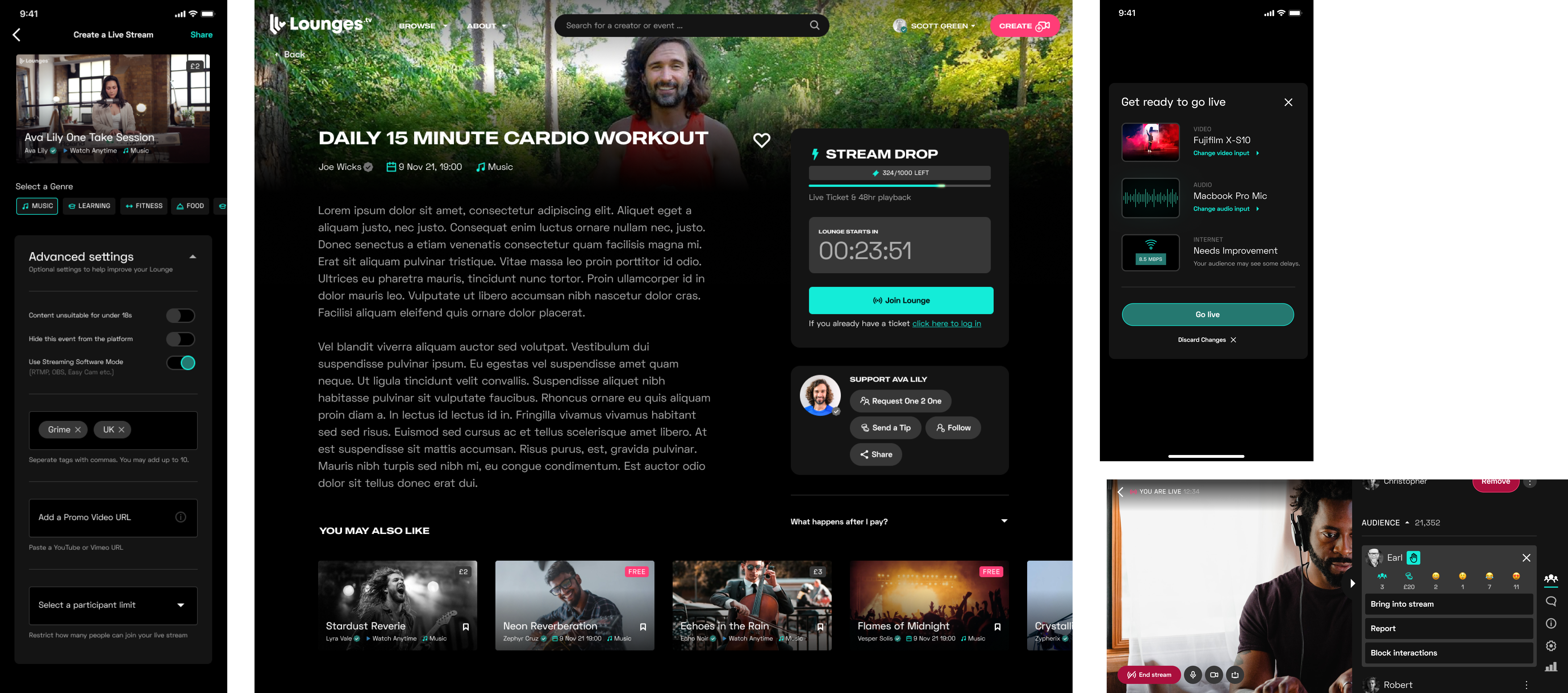 Lounges.tv connection features — live stream creation, ticketing, go-live device checks and in-stream audience engagement controls