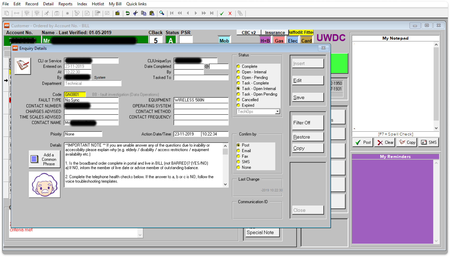 The legacy UWDC desktop CRM showing a cramped grey enquiry form with manual fault-code entry and no validation.