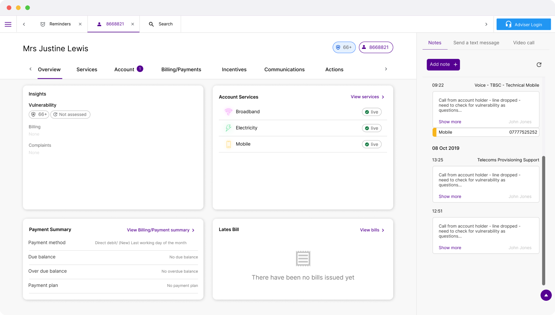 The redesigned William CRM Overview giving advisers a consistent view of insights, account services and payment status.