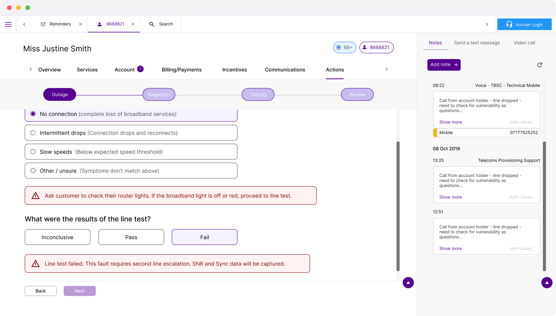 The redesigned William CRM Actions tab with a diagnostic stepper and a failed line-test surfacing context-aware guidance prompts.